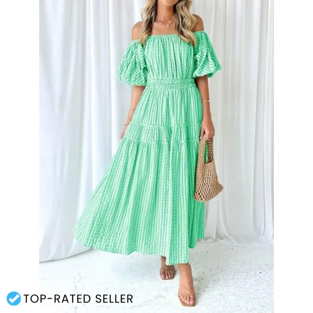 Off Shoulder Smocked Maxi Dress Flowy Boho Summer Casual Puff Sleeve - Picture 5 of 7